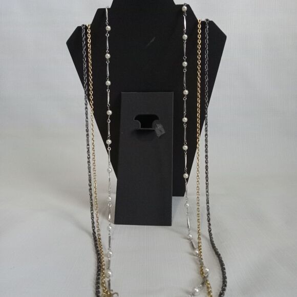 Triple Strand Long Length Gold & Silver Toned Layered Chain Statement Necklace - Picture 2 of 9
